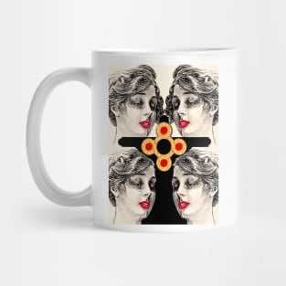 Black cross and woman with golden earring and red lips Mug